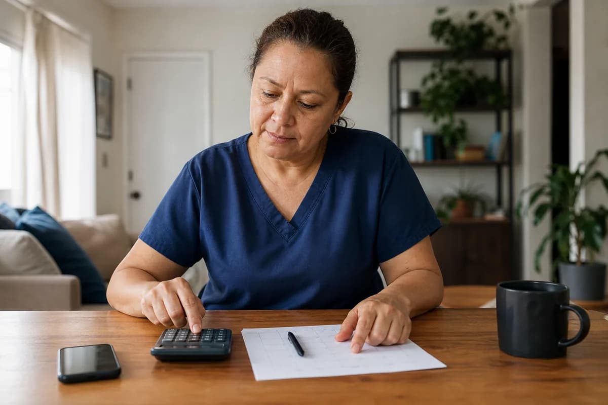 Cuidadora calculando horas, salario y desplazamientos en una libreta