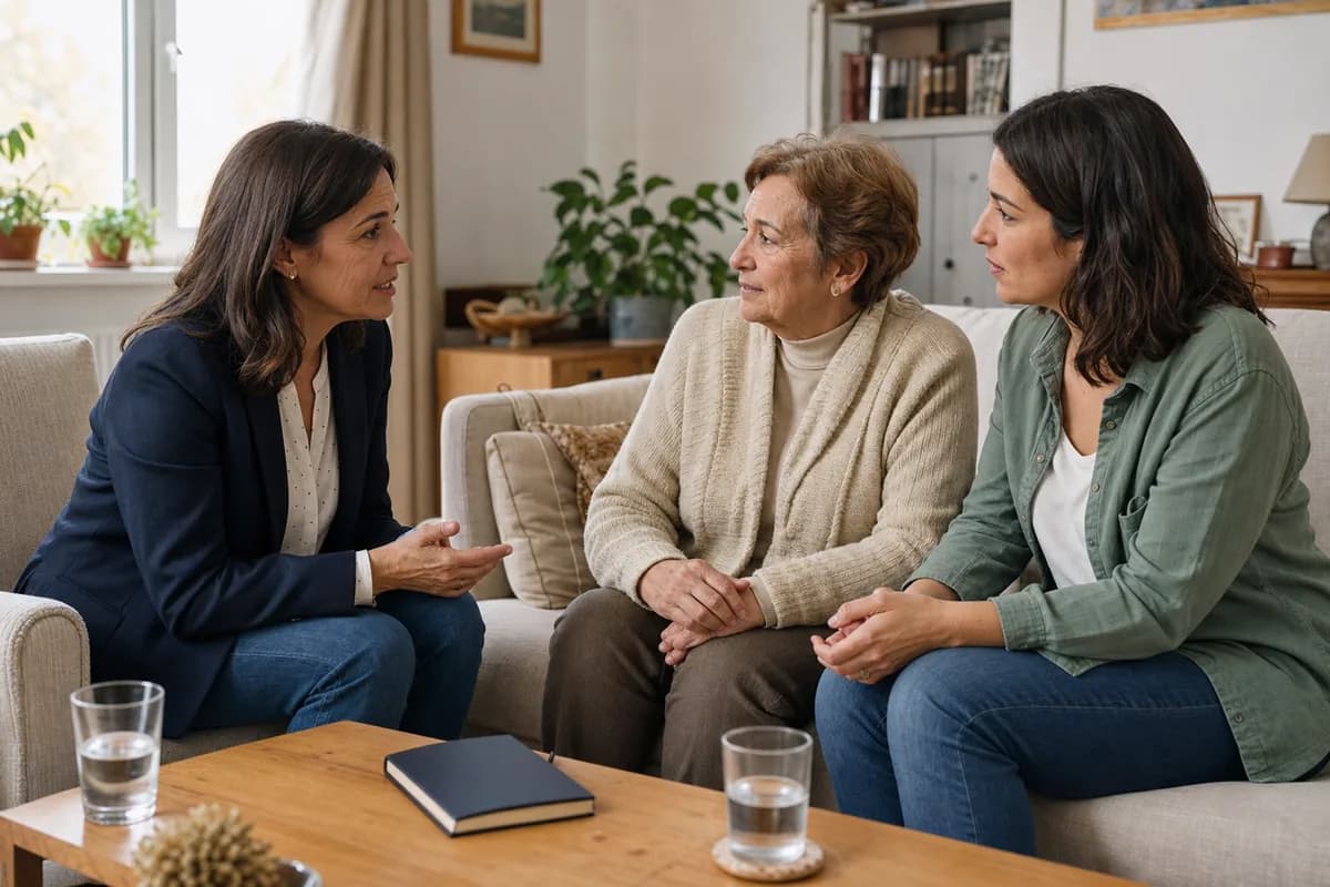 Cuidadora conversando con una familia durante una entrevista de trabajo