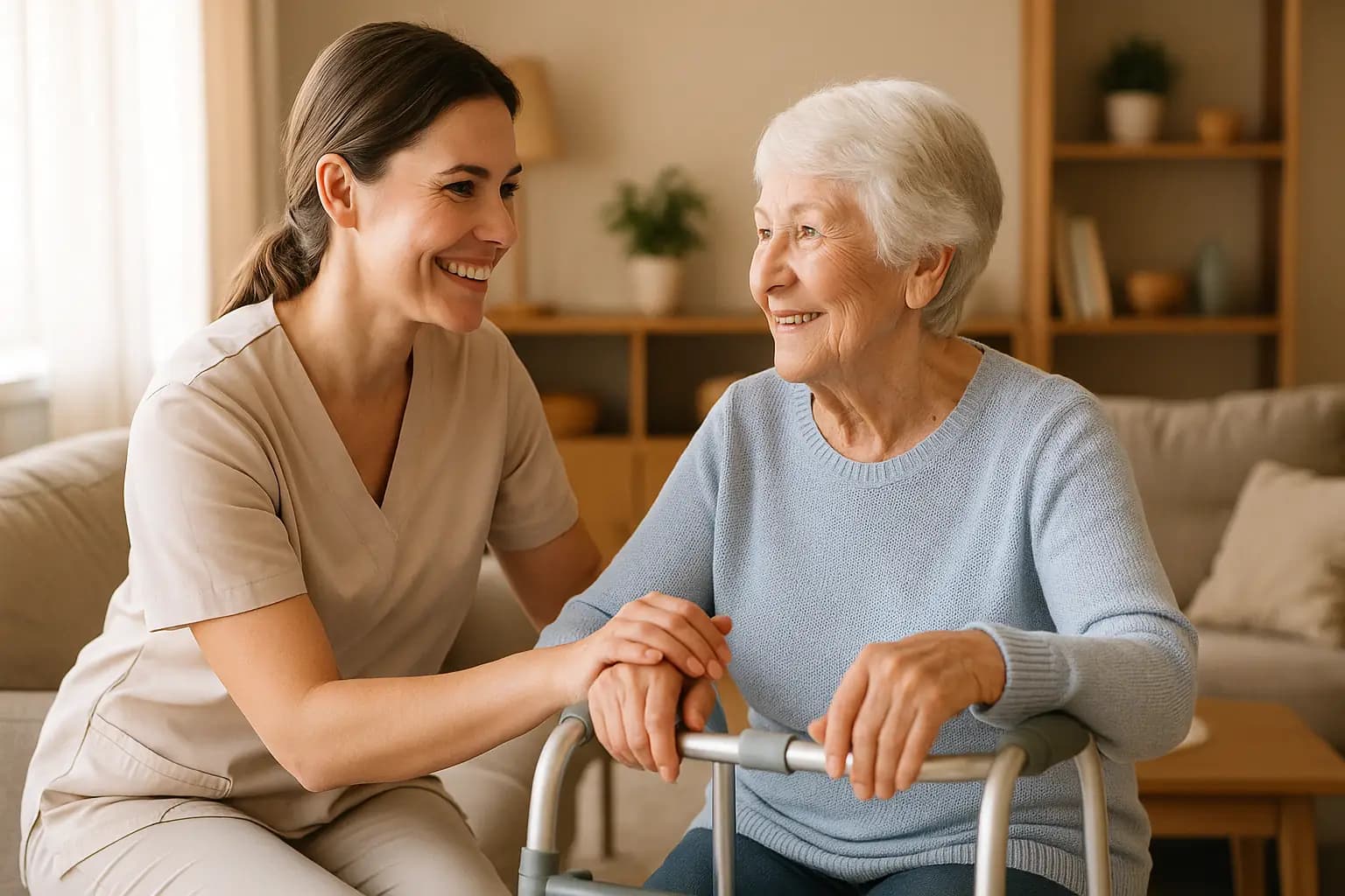 Cuidadora sonriendo junto a una persona mayor en su casa