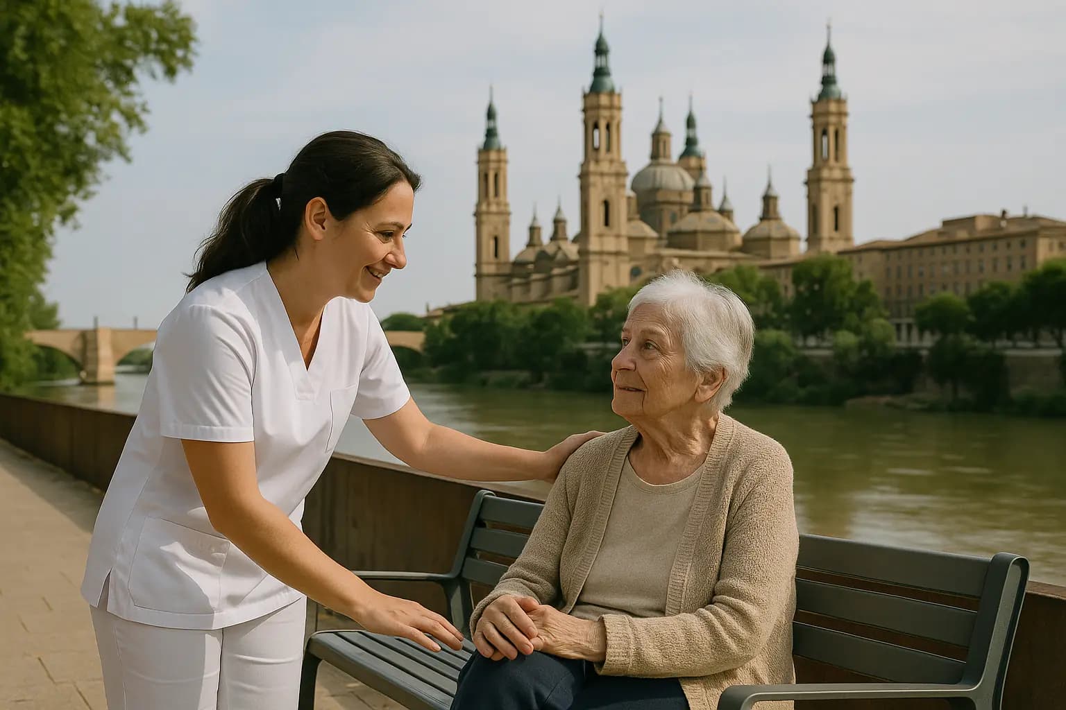 Cuidadora acompañando a una persona mayor en Zaragoza